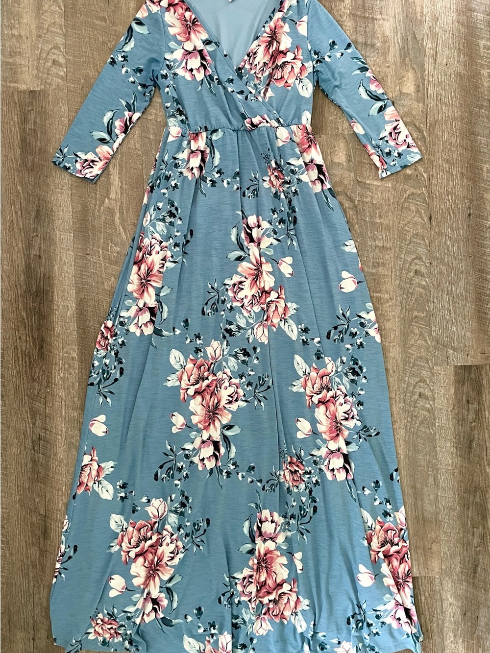 Pink Blush Blue Floral Wrap-Top Maxi Dress with Pink Flowers Size Small